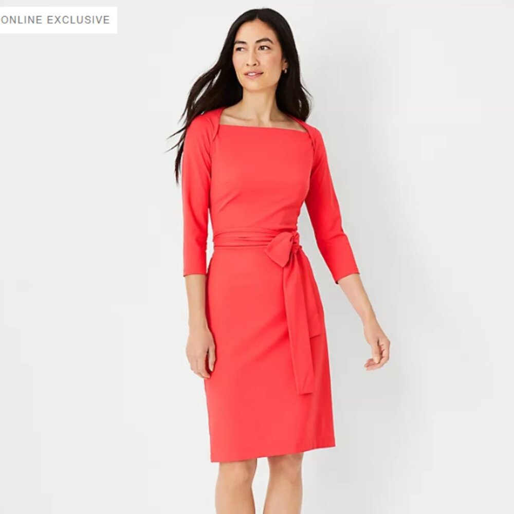 Ann Taylor Petite XS Envelope Neck Belted Flare Dress Color: Coral